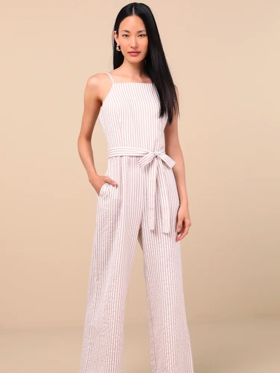 Lulus Pants - Striped Beige and White Wide-Leg Jumpsuit with Tie Waist